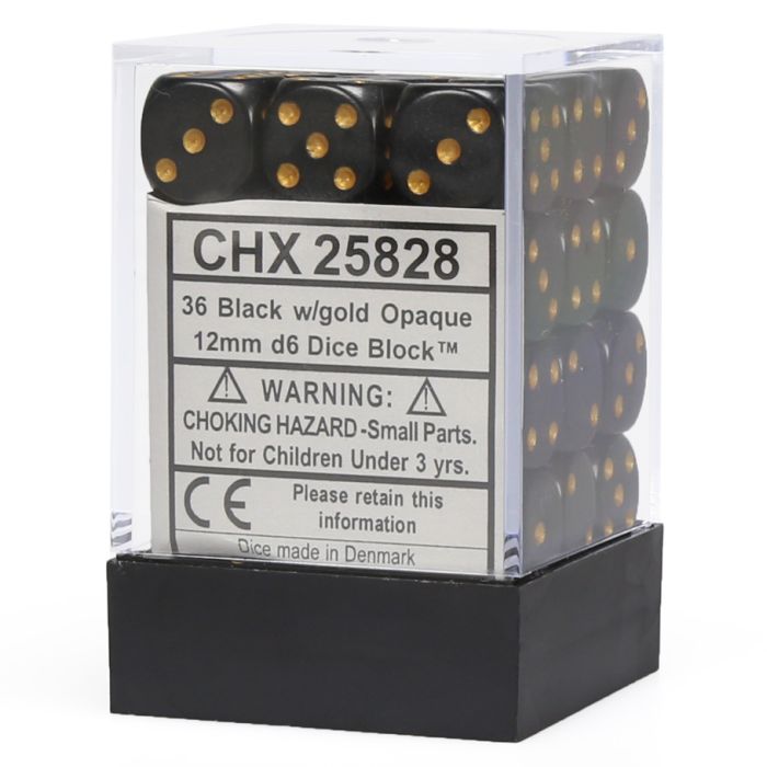 D6 Cube 12mm Opaque Black With Gold (36)