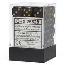 D6 Cube 12mm Opaque Black With Gold (36) - Cats In Hat Inc.