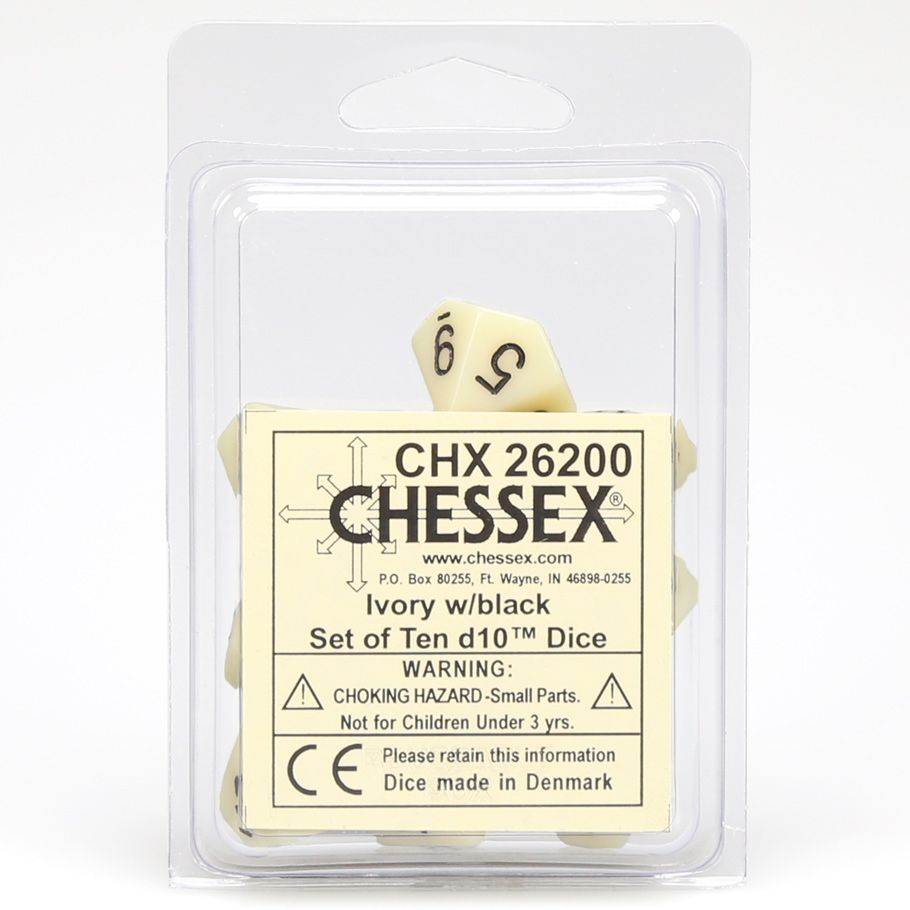 d10 Clamshell Opaque Ivory with Black (10) By Chessex Manufacturing