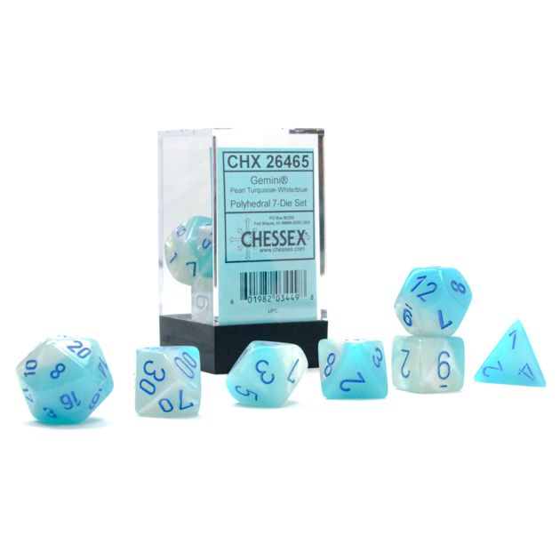 7-Set Cube Gemini Luminary Pearl Turquoise-White with Blue By Chessex Manufacturing