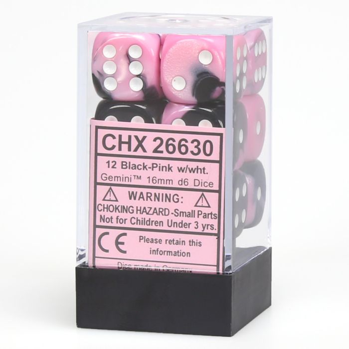 D6 Cube 16mm Gemini Black And Pink With White (12) - Cats In Hat Inc.