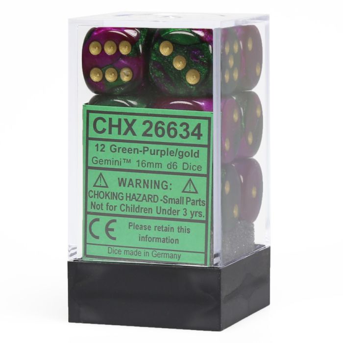 D6 Cube 16mm Gemini Green And Purple With Gold (12) - Cats In Hat Inc.