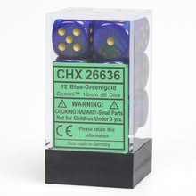 D6 Cube 16mm Gemini Blue And Green With Gold (12) - Cats In Hat Inc.