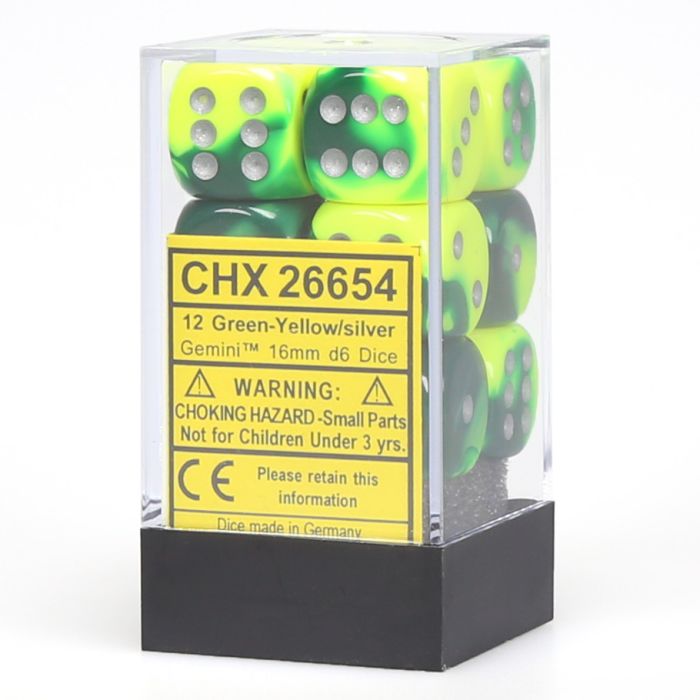 D6 Cube 16mm Gemini Green And Yellow With Silver (12) - Cats In Hat Inc.