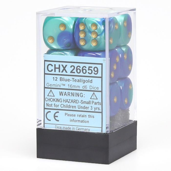 D6 Cube 16mm Gemini Blue And Teal With Gold (12) - Cats In Hat Inc.