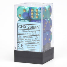 D6 Cube 16mm Gemini Blue And Teal With Gold (12) - Cats In Hat Inc.