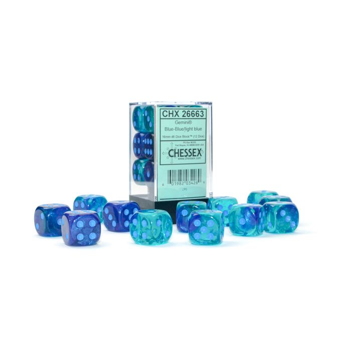 D6 Cube 16mm Gemini Luminary Blue-Blue With Light Blue (12) - Cats In Hat Inc.