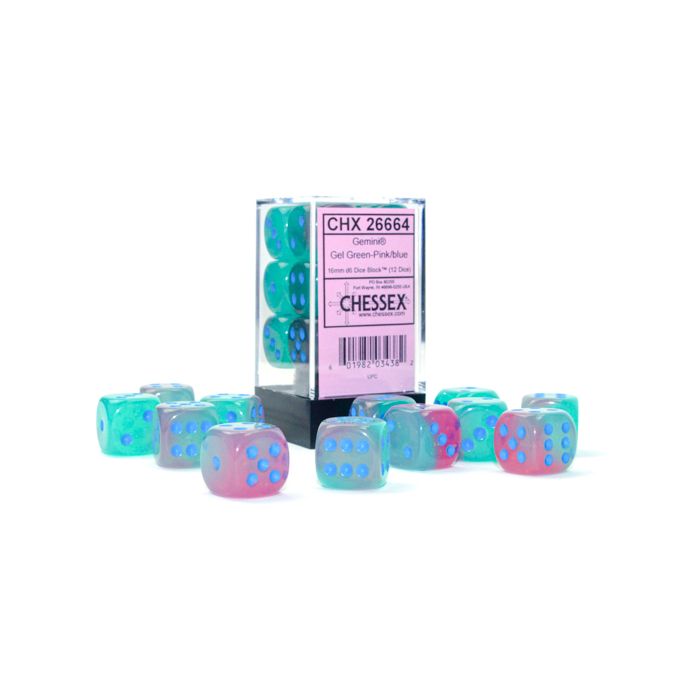 D6 Cube 16mm Gemini Luminary Gel Green-Pink With Blue (12) - Cats In Hat Inc.