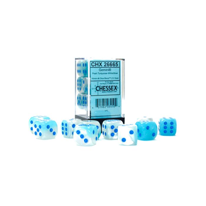 D6 Cube 16mm Gemini Luminary Gpearl Turquoise-White With Blue (12) - Cats In Hat Inc.