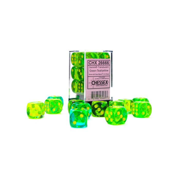 D6 Cube 16mm Gemini Translucent Green-Teal With Yellow (12)
