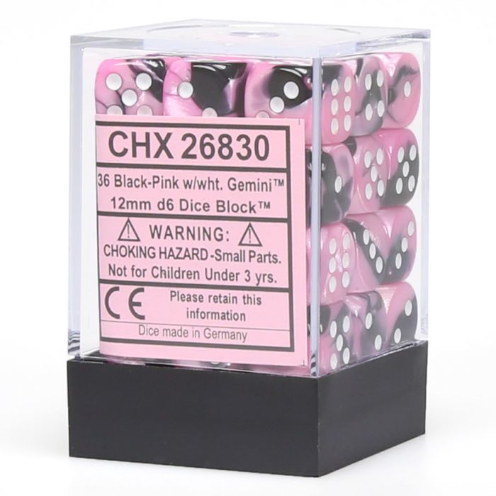 D6 Cube 12mm Gemini Black And Pink With White (36)