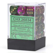 d6 Cube 12mm Gemini Green and Purple with Gold (12) By Chessex Manufacturing