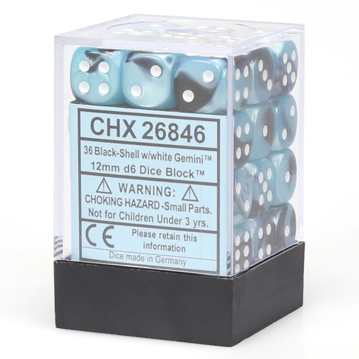 D6 Cube 12mm Gemini Black And Shell With White (12) - Cats In Hat Inc.
