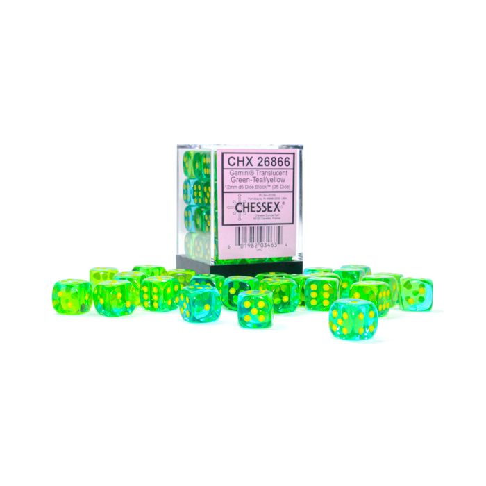 D6 Cube 12mm Gemini Translucent Green-Teal With Yellow (36) - Cats In Hat Inc.