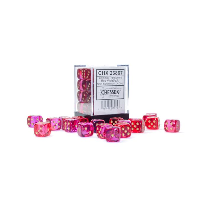 D6 Cube 12mm Gemini Translucent Red-Violet With Gold (36)