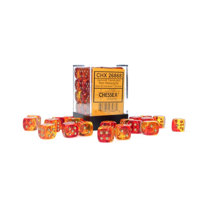 D6 Cube 12mm Gemini Translucent Red-Yellow With Gold (36) - Cats In Hat Inc.