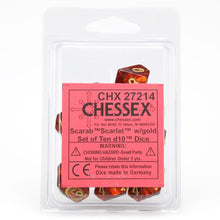 d10 Clamshell Scarab Scarlet with Gold (10) By Chessex Manufacturing