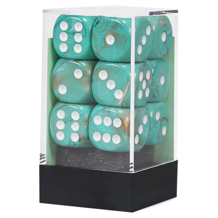 D6 Cube 16mm Marble Oxi-Copper With White (12) - Cats In Hat Inc.