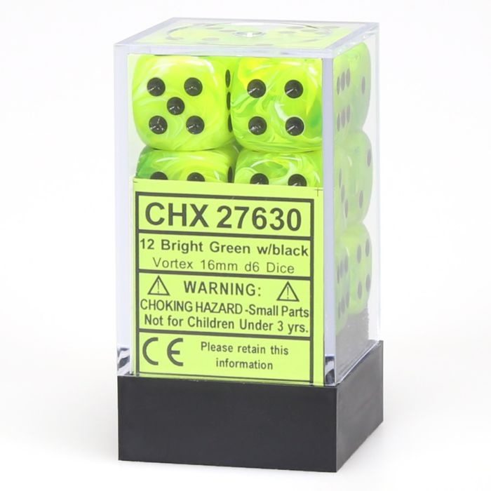 D6 Cube 16mm Vortex Bright Green With Black (12) - Cats In Hat Inc.