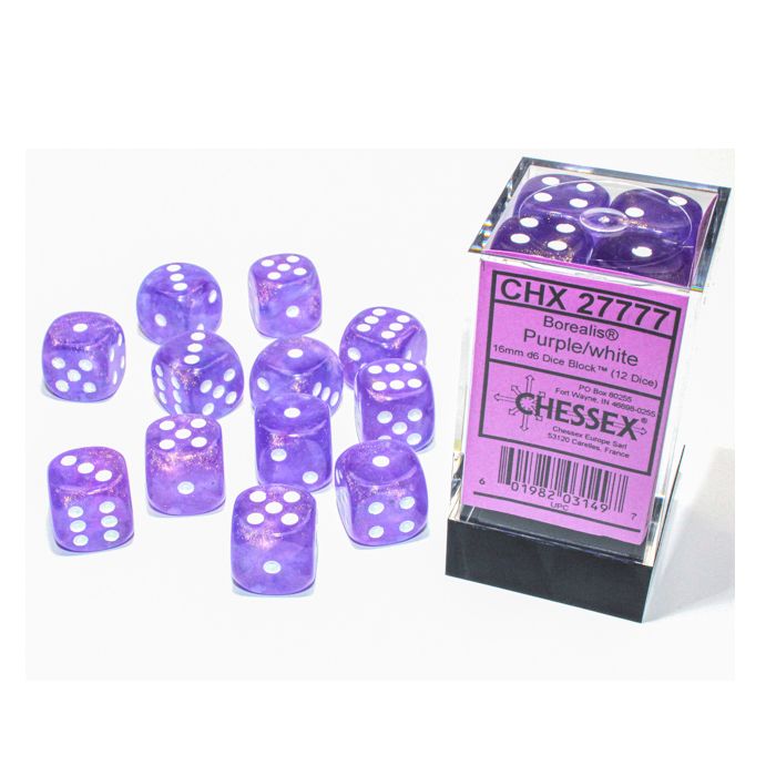 D6 Cube 16mm Borealis Luminary Purple With White (12) - Cats In Hat Inc.