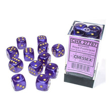 D6 Cube 16mm Borealis Luminary Royal Purple With Gold (12) - Cats In Hat Inc.