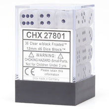 d6 Cube 12mm Frosted Clear with Black (36) By Chessex Manufacturing