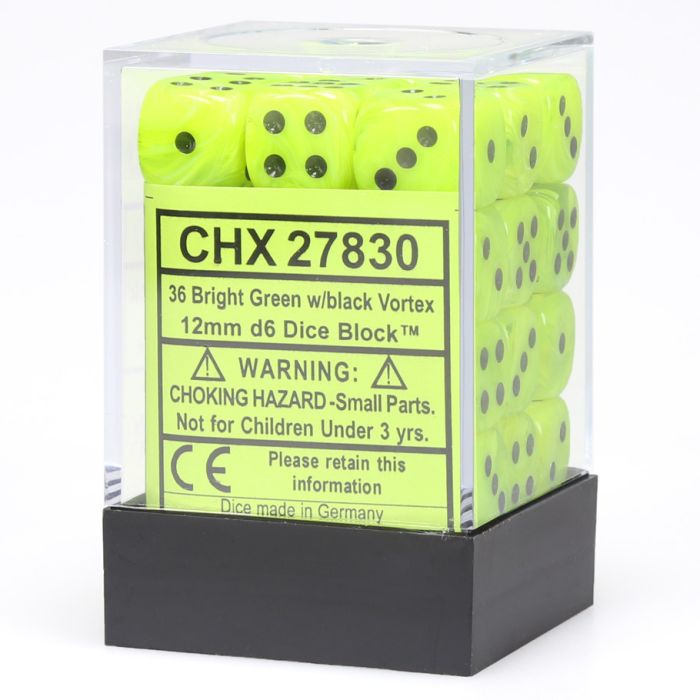 D6 Cube 12mm Vortex Bright Green With Black (36) - Cats In Hat Inc.