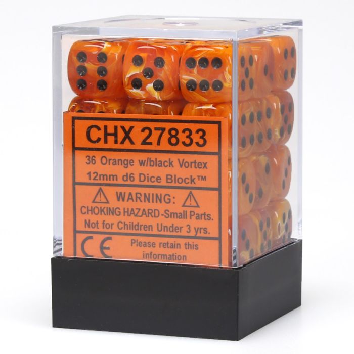 D6 Cube 12mm Vortex Orange With Black (36) - Cats In Hat Inc.