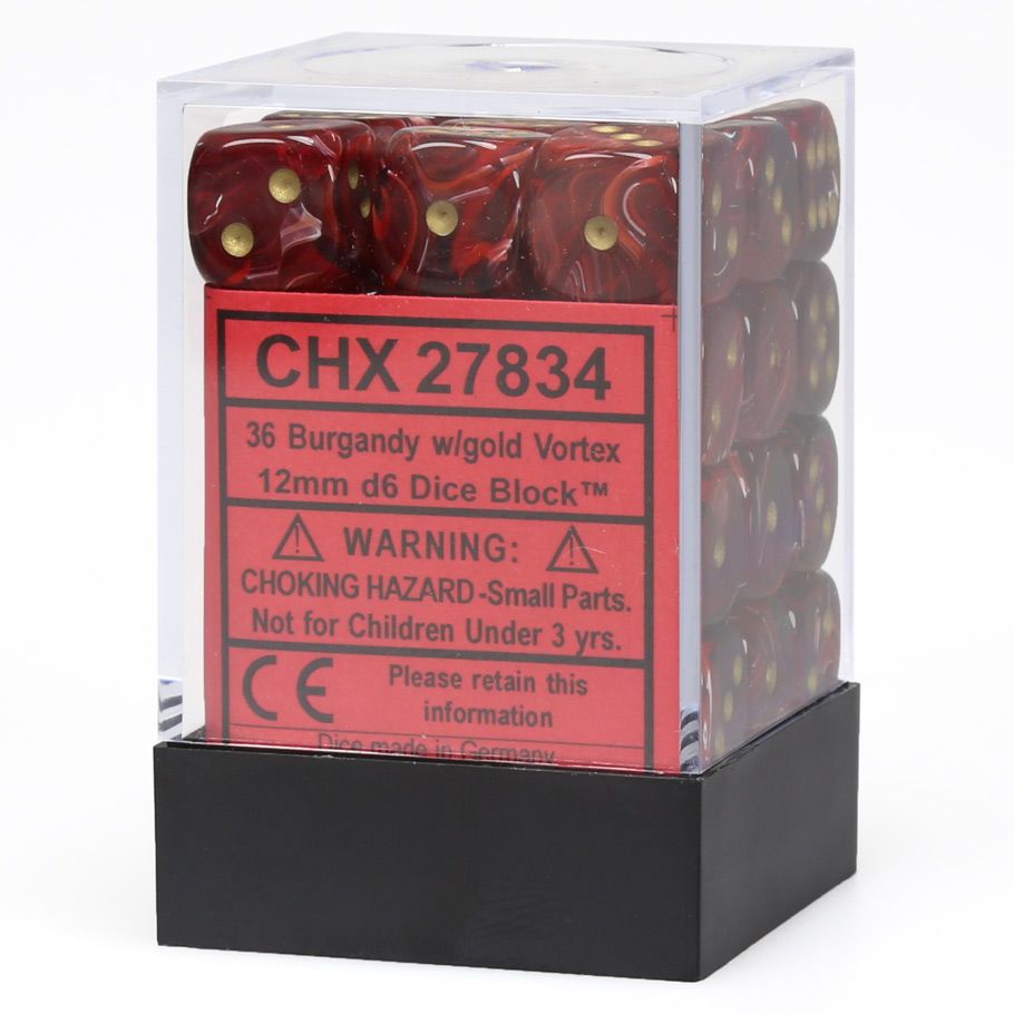 d6 Cube 12mm Vortex Burgandy with Gold (36) By Chessex Manufacturing