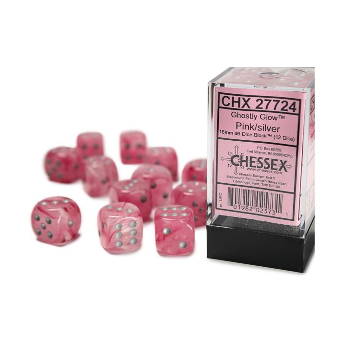 D6 Cube 16mm Ghostly Glow Pink With Silver (12) - Cats In Hat Inc.