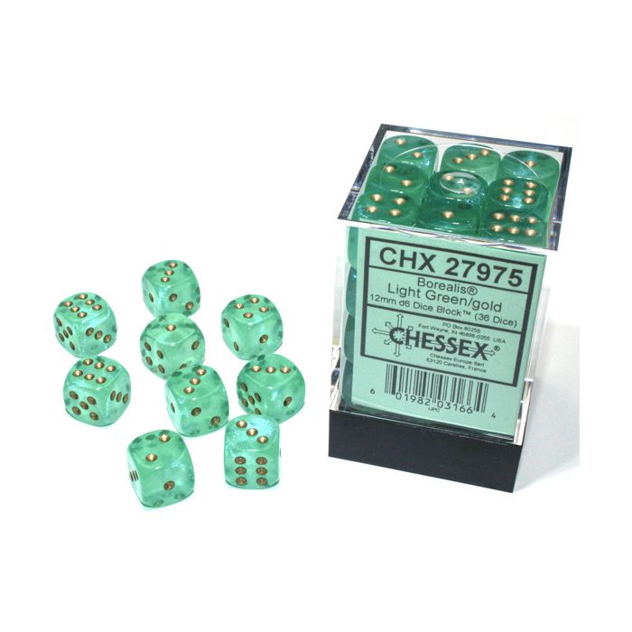 D6 Cube 12mm Borealis Luminary Light Green With Gold (36) - Cats In Hat Inc.