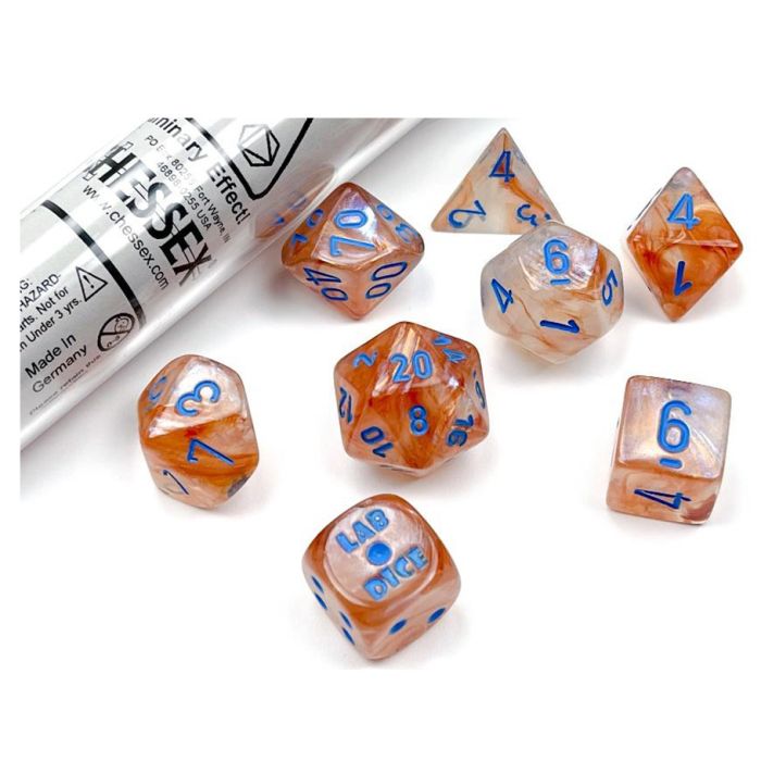 7-Set Tube Lab Dice Borealis Rose Gold With Light Blue - Cats In Hat Inc.