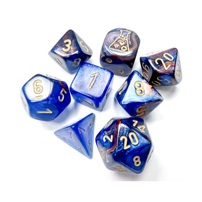 7-Set Tube Lab Dice Lustrous Azurite With Gold - Cats In Hat Inc.