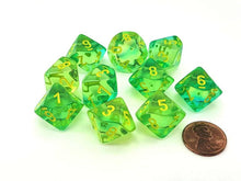 d10 Clamshell Gemini Translucent Green-Teal with Yellow (10) By Chessex Manufacturing
