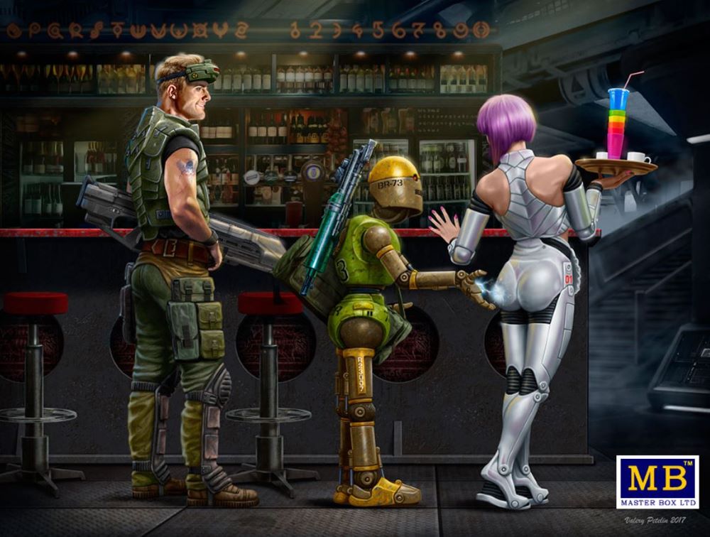 1/24 At the Edge of the Universe: Space Mercenary w/Heavy Gun Robot & Android Waitress Holding tray/drinks