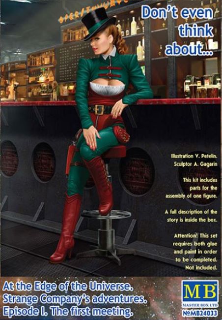 1/24 At the Edge of the Universe: Female Grifter Fancy Dressed Sitting on Stool Leaning on Bar Section