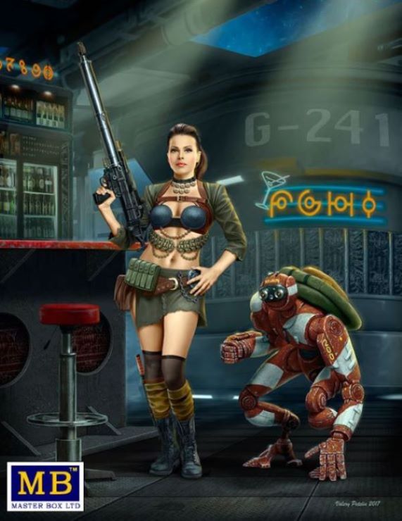 1/24 At the Edge of the Universe: Female Warrior Holding Machine Gun & Fighting Robot