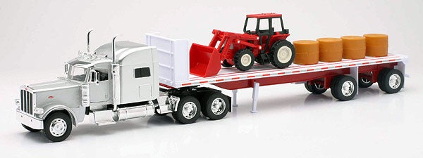 1/32 Peterbilt 389 w/Flatbed Trailer Farm Tractor & Hay Load (Die Cast)