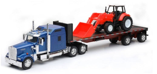 1/32 Kenworth W900 w/Flatbed Trailer & Farm Tractor (Die Cast)