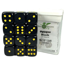 D6 Cube 18mm Opaque Black With Yellow With Pips (12) - Cats In Hat Inc.
