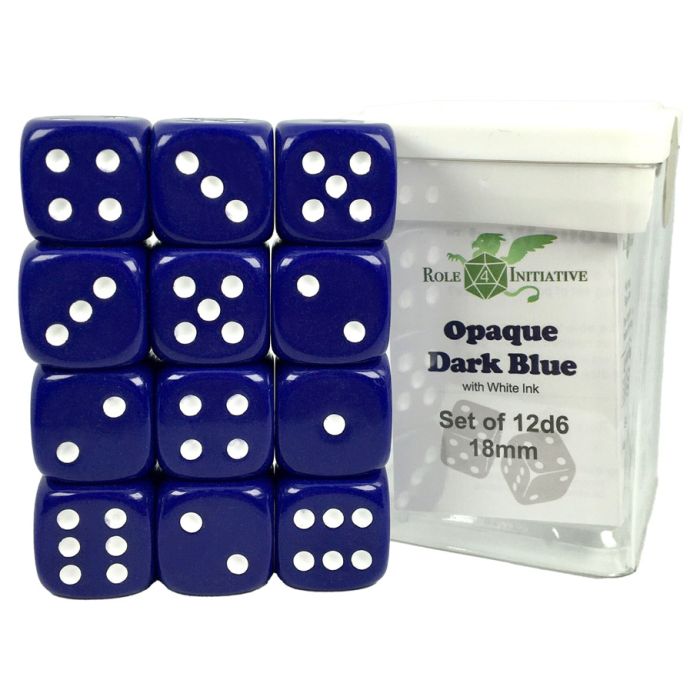 D6 Cube 18mm Opaque Dark Blue With White With Pips (12) - Cats In Hat Inc.