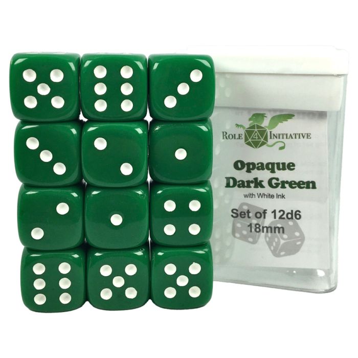 D6 Cube 18mm Opaque Dark Green With White With Pips (12) - Cats In Hat Inc.