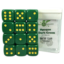 D6 Cube 18mm Opaque Dark Green With Yellow With Pips (12) - Cats In Hat Inc.