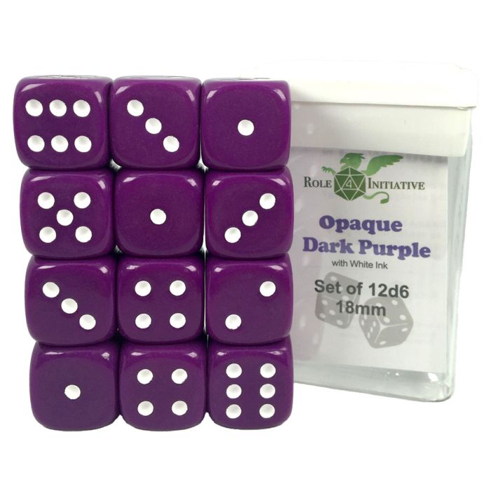 D6 Cube 18mm Opaque Dark Purple With White With Pips (12)