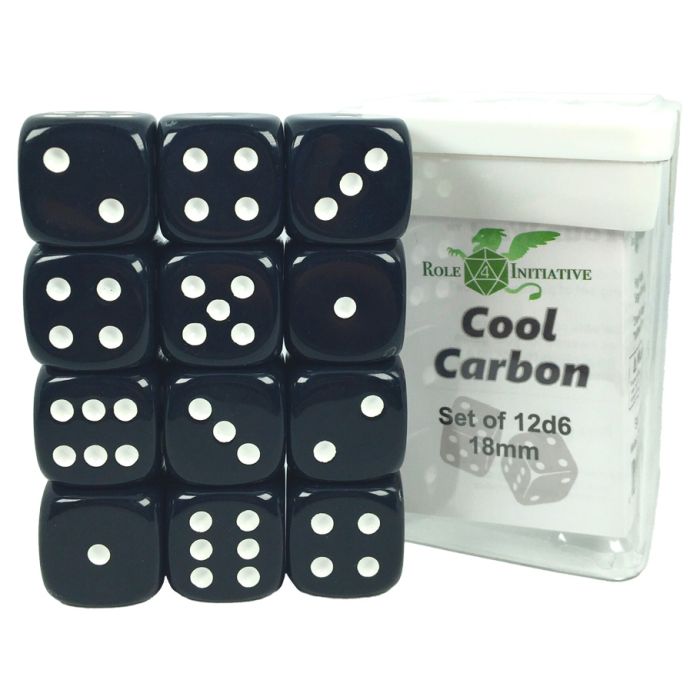 D6 Cube 18mm Cool Carbon With Pips (12) - Cats In Hat Inc.