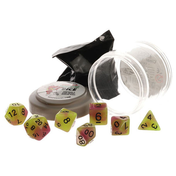 Pizza Dungeon Dice: Glow Yellow & Purple with Black