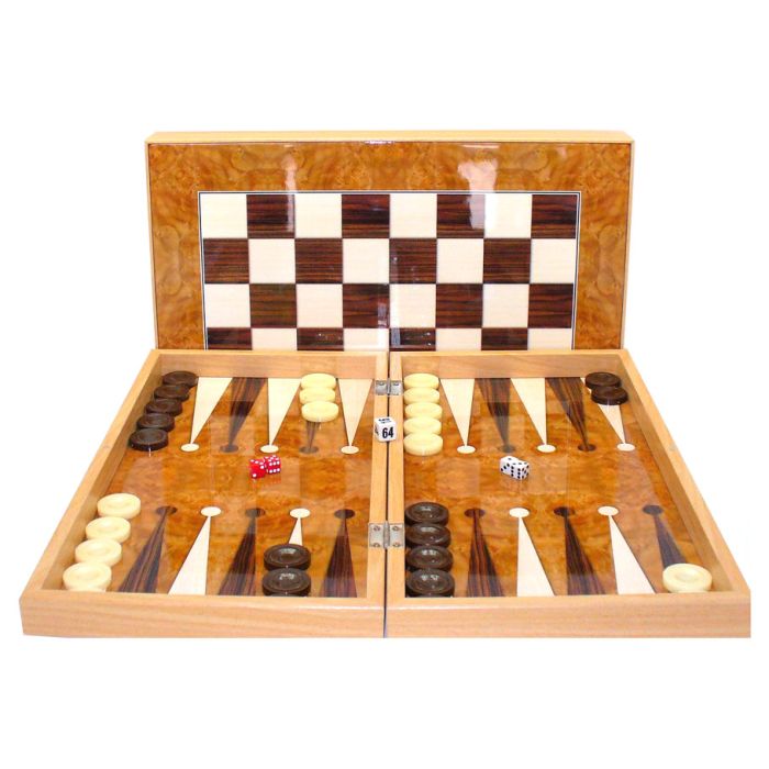 Backgammon Set: 19" Burlwood Decoupage