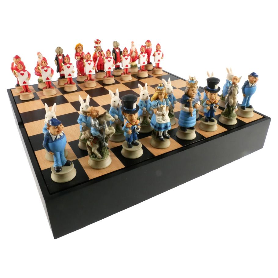 3.25" Alice in Wonderland Hand Painted Resin Chess Pieces on Black/Maple Chest 13.5" By WorldWise Imports